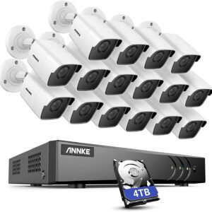 Überwachungssystem Set, darunter der ANNKE 5MP 16 Kanal H.265 Pro Digitalvideorecorder mit 4 TB Speicher.